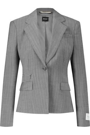 HUGO BOSS Femme, Vestes, Gris, Taille: 44 FR Blazer Rayé avec Fermeture Éclair et Coupe Ajustée