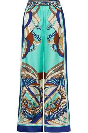 Camilla Femme, Pantalons, Multicolore, Taille: 38 FR Pantalon Large en Soie Bleu Géométrique