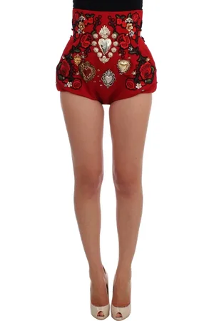 Dolce & Gabbana Femme, Shorts, Rouge, Taille: 38 FR Shorts mini en soie rouge avec ornements en cristal