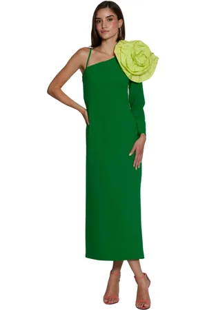 MOSKADA Femme, Robes, Vert, Taille: 40 FR Robe Midi Asymétrique en Crêpe Vert avec Détail Floral