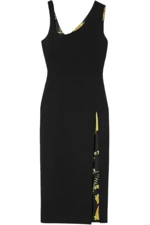 VERSACE Femme, Robes, Noir, Taille: 40 FR Robe Midi avec Encolure Asymétrique et Fente Latérale