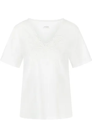 Marc Cain Femme, Tops, Blanc, Taille: 42 FR T-shirt avec application de papillon col en V