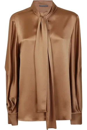 Alberta Ferretti Femme, Blouses et Chemises, Brun, Taille: 38 FR Chemise Beige en Mélange de Soie avec Col Écharpe