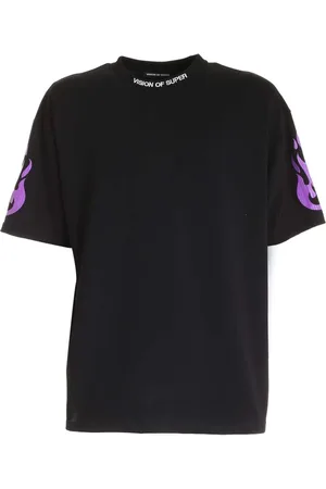 Vision Of Super Homme, Tops, Noir, Taille: S T-shirt en Coton avec Insertion de Flamme Violette