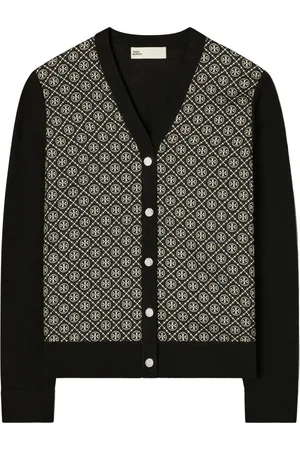 Tory Burch Femme, Pulls, Noir, Taille: 38 FR Cardigan Monogrammé en Soie