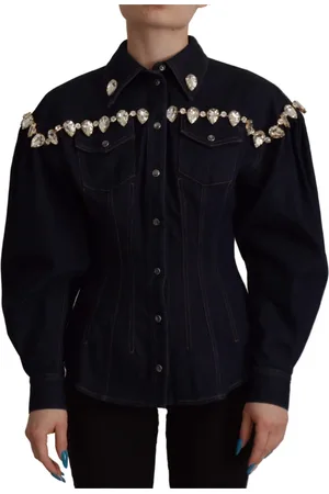 Dolce & Gabbana Femme, Blouses et Chemises, Bleu, Taille: 34 FR Veste en Denim ornée de Cristaux
