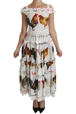 Dolce & Gabbana Femme, Robes, Multicolore, Taille: 36 FR Élégante robe midi blanche avec impression de coq