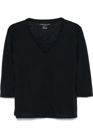 Majestic Femme, Pulls, Bleu, Taille: 38 FR Pull Bleu à Texture Slub et Col en V