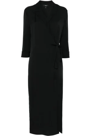 THEORY Femme, Robes, Noir, Taille: 36 FR Robe Portefeuille en Soie Noire avec