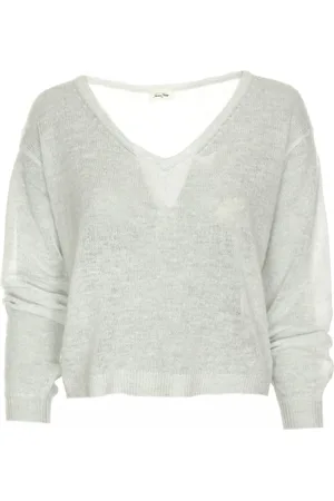 American Vintage Femme, Pulls, Gris, Taille: 42 FR Pull en Tricot Léger à Col en V Doux