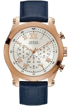 Guess Homme, Accessoires, Bleu, Taille: ONE Size Montre Analogique en Cuir Bleu Ancre