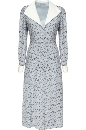 Alessandra Rich Femme, Robes, Bleu, Taille: 36 FR Robe en Soie Imprimé Roses Midi Bleu Pâle