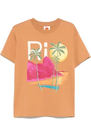 Farm Rio Femme, Tops, Multicolore, Taille: 36 FR Marron Caramel Logo Imprimé Col Ras du Cou
