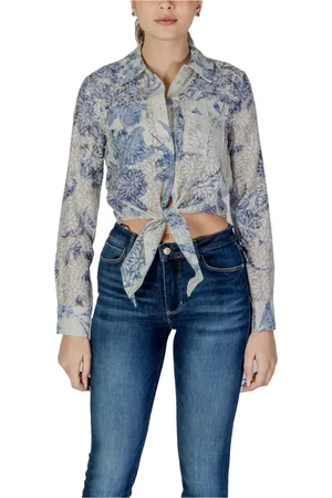 Guess Femme, Blouses et Chemises, Bleu, Taille: 36 FR Chemise Bleue à Fleurs à Boutons