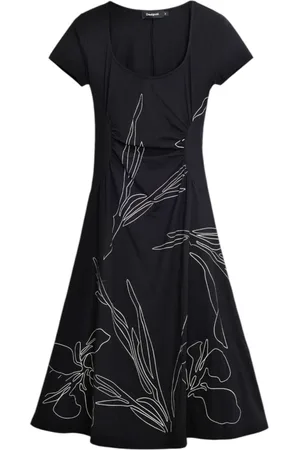 Desigual Femme, Robes, Noir, Taille: 36 FR Robe Noire Florale Manches Courtes Col Rond