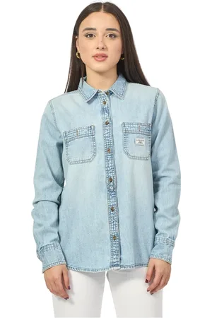 Guess Femme, Blouses et Chemises, Bleu, Taille: 40 FR Chemise en Denim Bleu avec Col Classique