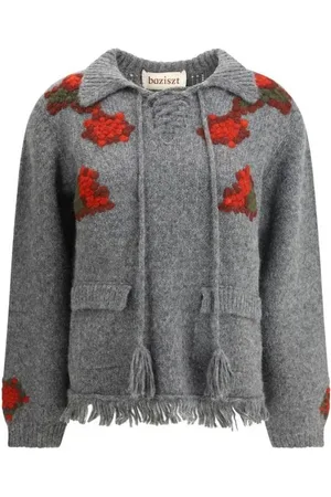 Baziszt Femme, Pulls, Gris, Taille: 40 FR Pull à col en V côtelé avec ornements brodés