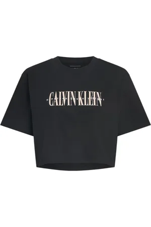 Calvin Klein Femme, Tops, Noir, Taille: 40 FR T-shirt en Coton Imprimé Noir avec Col Rond
