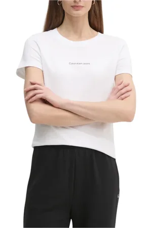 Calvin Klein Femme, Tops, Blanc, Taille: 42 FR T-shirt Blanc en Coton à Manches Courtes