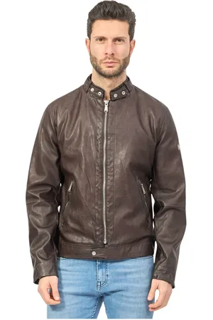 YES ZEE BY ESSENZA Homme, Vestes, Brun, Taille: M Veste en Cuir Marron Fullzip Boutons Poches