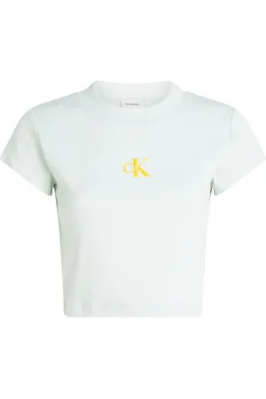 Calvin Klein Femme, Tops, Vert, Taille: 38 FR T-shirt Col Rond Vert pour Femmes