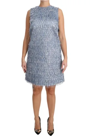 Dolce & Gabbana Femme, Robes, Bleu, Taille: 42 FR Robe Mini à Franges Métalliques Sans Manches ALine