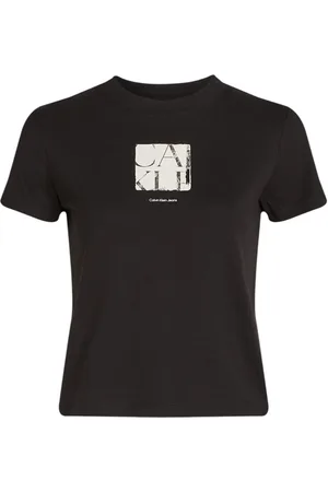 Calvin Klein Femme, Tops, Noir, Taille: 36 FR T-shirt en Coton Noir Imprimé