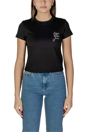 Calvin Klein Femme, Tops, Noir, Taille: 38 FR Signature Script T-shirt Court