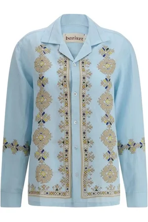 Baziszt Femme, Blouses et Chemises, Bleu, Taille: 40 FR Chemise brodée de roses avec poches