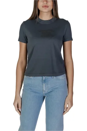Calvin Klein Femme, Tops, Noir, Taille: 36 FR T-shirt Noir en Coton à Col Rond