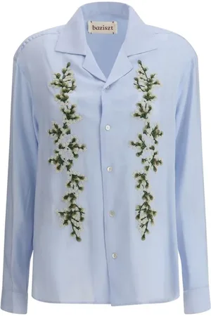 Baziszt Femme, Blouses et Chemises, Bleu, Taille: 40 FR Chemise Brodée à Fleurs avec Col Classique
