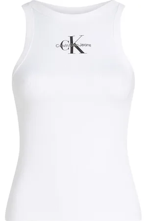 Calvin Klein Femme, Tops, Blanc, Taille: 44 FR Débardeur sans Manches Col Bateau Imprimé