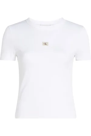 Calvin Klein Femme, Tops, Blanc, Taille: 38 FR T-shirt Blanc Col Rond en Coton