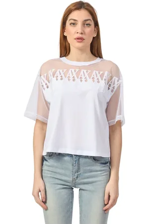 Armani Exchange Femme, Tops, Blanc, Taille: 36 FR Blanc Transparent Épaule T-shirt