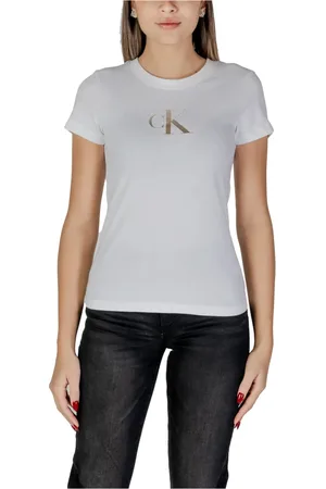 Calvin Klein Femme, Tops, Blanc, Taille: 38 FR T-shirt col rond avec logo imprimé