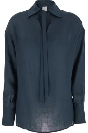 ELEVENTY Femme, Blouses et Chemises, Bleu, Taille: 38 FR Chemise Bleue en Lin avec Col Relevé