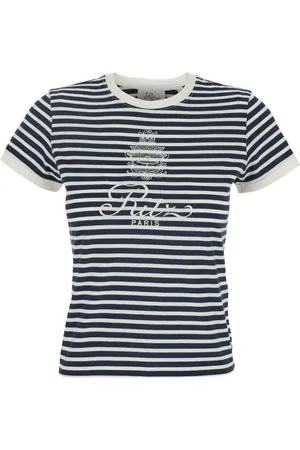 Frame Femme, Tops, Bleu, Taille: 42 FR Paris Logo Print T-shirt à Col Rond Rayée