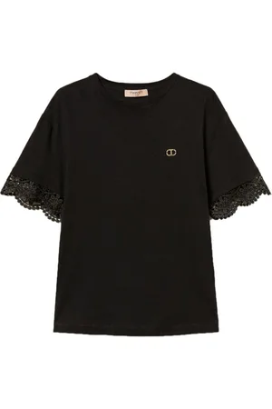 Twin-Set Femme, Tops, Noir, Taille: 44 FR T-shirts et Polos en Coton Noir avec Logo Imprimé
