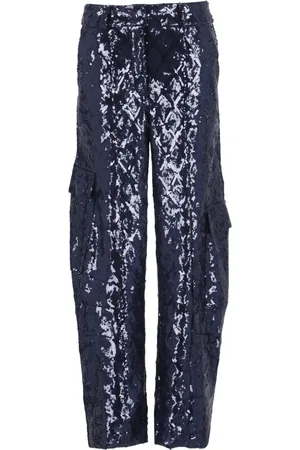 ROTATE Femme, Pantalons, Bleu, Taille: 38 FR Pantalon bleu à paillettes avec passants pour ceinture