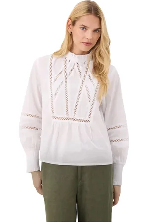 Part Two Femme, Blouses et Chemises, Blanc, Taille: 40 FR Chemisier Féminin avec Poignets Smock et Panneaux Brodés
