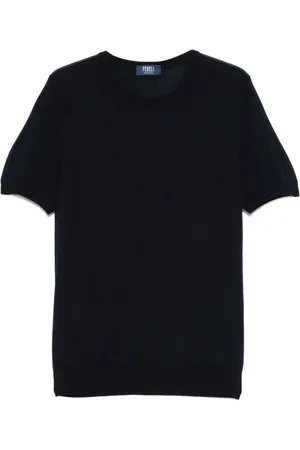 FEDELI Homme, Tops, Bleu, Taille: L Pull Bleu à Col Rond Côtelé