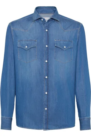 Brunello Cucinelli Homme, Chemises, Bleu, Taille: M Chemise en denim à boutons-pression