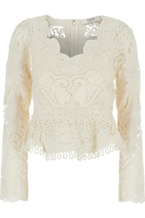 SEA Femme, Blouses et Chemises, Blanc, Taille: 40 FR Haut en Coton Blanc Brodé de Dentelle