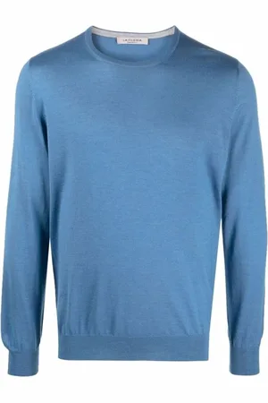 LA FILERIA Homme, Pulls, Bleu, Taille: XL Pull en Mélange Cachemire-Soie Col Rond