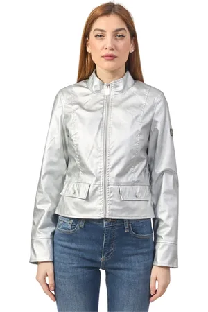 YES ZEE BY ESSENZA Femme, Vestes, Gris, Taille: 40 FR Veste Courte Dorée avec Logo