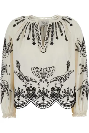 SEA Femme, Blouses et Chemises, Multicolore, Taille: 42 FR Chemisier Blanc avec Col en V et Broderie Kingsley