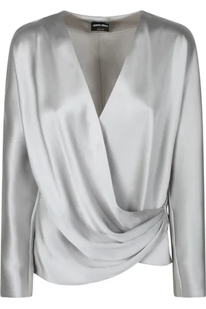 Giorgio Armani Femme, Blouses et Chemises, Gris, Taille: 38 FR Élégante Blouse en Soie à Col en V