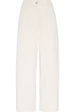 Brunello Cucinelli Femme, Pantalons, Blanc, Taille: 36 FR Pantalon Écru avec Détail de Chaîne