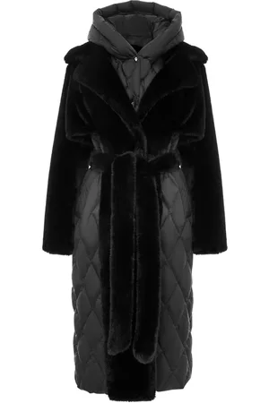 CESARE GASPARI Femme, Manteaux, Noir, Taille: 44 FR Manteau Noir en Fausse Fourrure Matelassé pour Femmes avec Ceinture | Chic Vêtements d