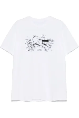Maison Margiela Homme, Tops, Blanc, Taille: XL Graphique Numérique T-shirt Blanc en Coton Col Rond